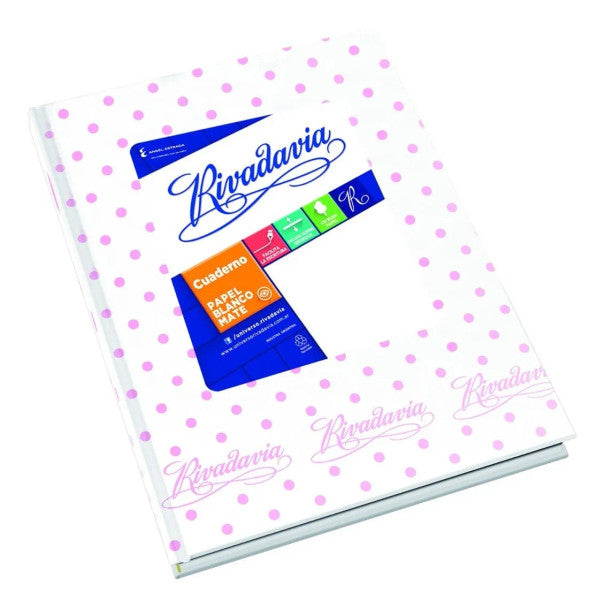 Rivadavia Cuaderno Tapa Dura Forrado Lunares Rosa com Fondo Blanco Rayado - Caderno de capa dura listrado de bolinhas brancas e rosa com 50 folhas brancas foscas, 190 mm x 235 mm / 7,48" x 9,25" 