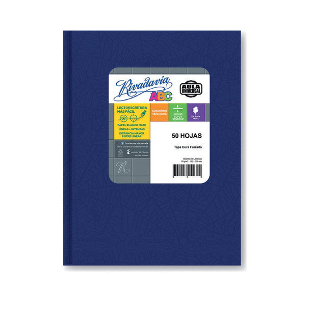 Rivadavia Cuaderno Tapa Dura Rayado Azul Aula Caderno de capa dura azul listrado universal com 50 folhas brancas foscas, 190 mm x 235 mm / 7,48" x 9,25" 