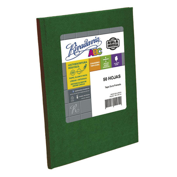 Rivadavia Cuaderno Tapa Dura Rayado Verde Aula Universal Listrado Azul Caderno Capa Dura com 50 Folhas Brancas Foscas, 190 mm x 235 mm / 7,48" x 9,25" 