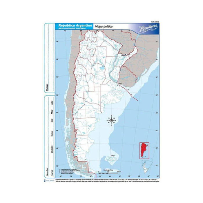 Rivadavia Mapa Político N°3 República Argentina, Argentine Political Map, Special For Students, 190 mm x 235 mm / 7.48 " x 9.25" (pack of 3)