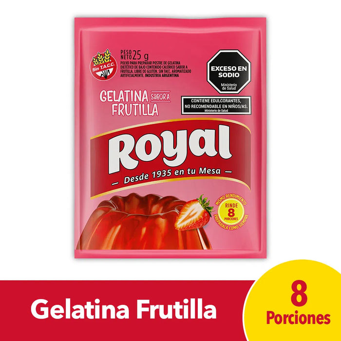 Royal Strawberry Ready to Make Jelly Gelatina Frutilla Jell-O, 8 servings per pouch 25 g / 0.88 oz (box of 8 pouches)