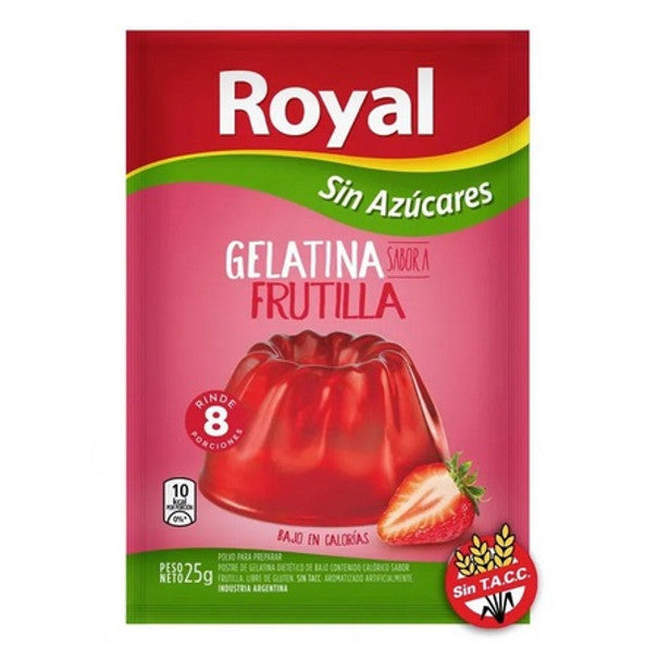 Royal Strawberry Ready to Make Light Jelly Gelatina Frutilla Sin Azúcares Jell-O, 8 servings per pouch 25 g / 0.88 oz (box of 8 pouches)