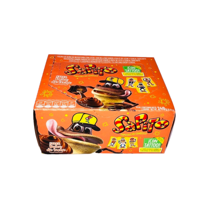 Sapito Bombón Milk Chocolate Frogs Filled with Chocolate & Crispy Cereals - with Tattoo Stickers, 10.5 g / 0.37 oz (box of 24 units)