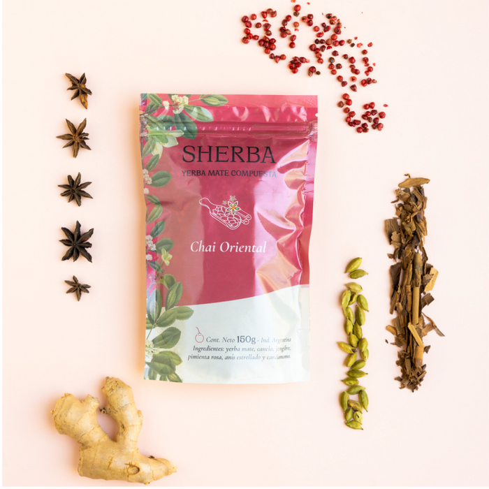 Sherba | Agroecological Yerba Mate Tea Chai Blend with Cinnamon, Ginger, Pink Pepper, Star Anise, and Cardamom - Oriental Delight | 150 gr
