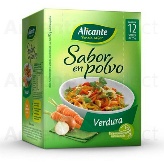 Alicante Sabor En Polvo Verdura Vegetable Flavored Powder Ready To Use Seasoning Broth, 7.5 g / 0.26 oz ea (box of 12 pouches)