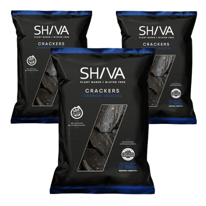 Shiva Crackers Carbón Vegetal Natural Charcoal Snack Vegan & Kosher Sourdough Crackers Masa Madre, 100 g / 3.5 oz ea (pack of 3)