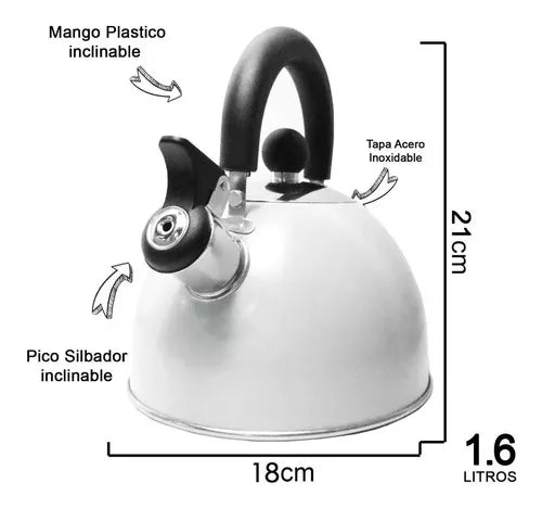 Pava Silbadora - Stainless Steel 1.6L Whistling Kettle - Stylish and Functional Kitchen Appliance