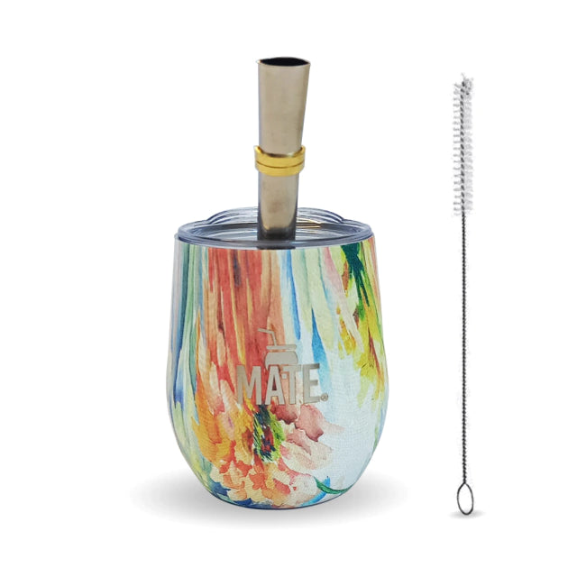 Stainless Steel Mate Set | Floral Design | Includes Straw & Anti-Spill Lid
