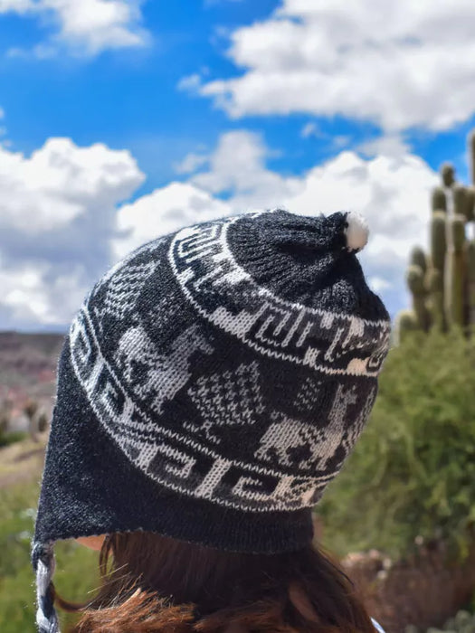Stylish Reversible Alpaca Hat - Handwoven from Jujuy, Humahuaca - Northern Earflap Beanie - Soft, Warm, and Trendy (black with gray)