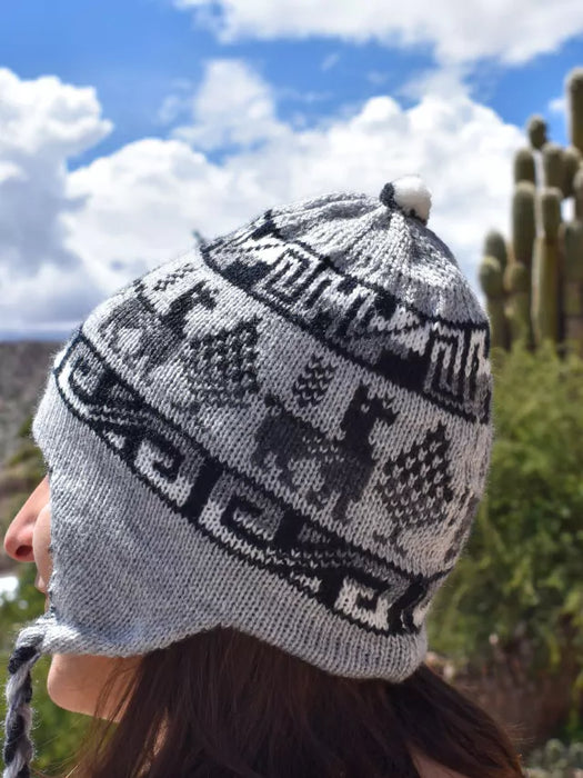 Stylish Reversible Alpaca Hat - Handwoven from Jujuy, Humahuaca - Northern Earflap Beanie - Soft, Warm, and Trendy (dark gray with light gray)