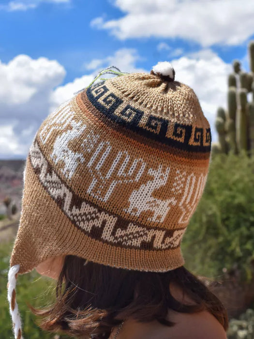 Stylish Reversible Alpaca Hat - Handwoven from Jujuy, Humahuaca - Northern Earflap Beanie - Soft, Warm, and Trendy (light brown with white)
