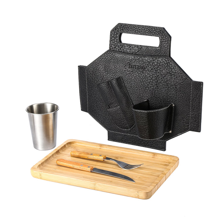 Terrano | All-in-One Camping Grill Set - Pine Board, Glass, Knife & Fork | Asado Set