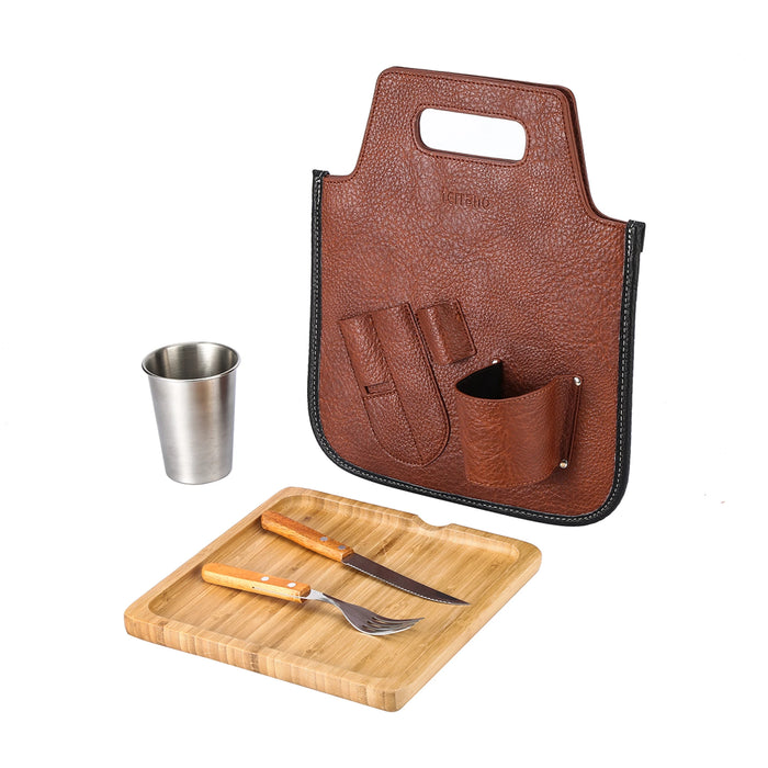 Terrano | All-in-One Outdoor Grill Set - Eco-Leather Case, Pine Board, Glass, Knife & Fork | Asado Set