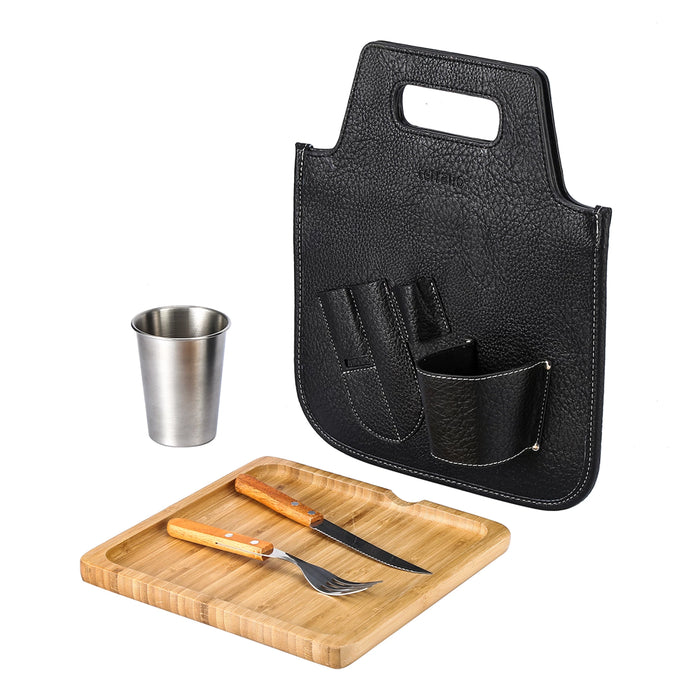 Terrano | All-in-One Outdoor Grill Set - Eco-Leather Case, Pine Board, Glass, Knife & Fork | Asado Set