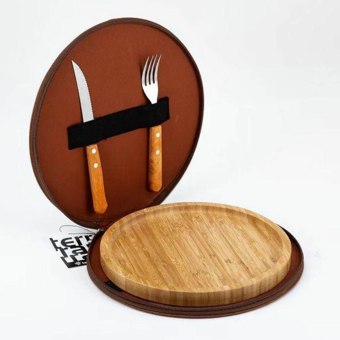 Terrano | All-in-One Round Grill Set with Eco-Leather Case, Pine Board, Knife & Fork | Asado Set