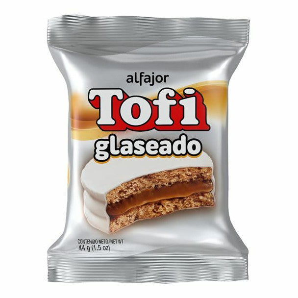 Tofi Alfajor Glaseado Sugar Coated Chocolate Alfajor Filled with Dulce De Leche, 44 g / 1.55 oz (box of 36 count)