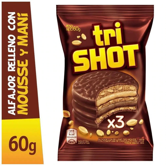 Trishot Triple Alfajor with Peanut Butter and Chocolate Mousse, 60 g / 2.1 oz (pack of 6)