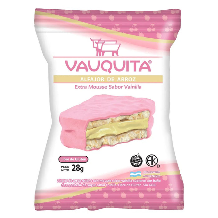 Vauquita Alfajor de Arroz Strawberry Wholegrain Rice Extra Mousse Alfajor with Vanilla Filling, 28 g / 0.98 oz (pack of 6)
