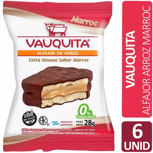 Vauquita Alfajor de Arroz Wholegrain Rice Milk Chocolate Alfajor with Marroc Chocolate Filling, 28 g / 0.98 oz (pack of 6)