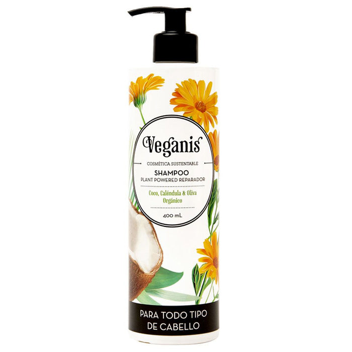 Veganis Shampoo Plant Powered Repair Shampoo vegano para todos os tipos de cabelo com coco, calêndula e azeitona orgânica, 400 ml / 13,5 fl oz 