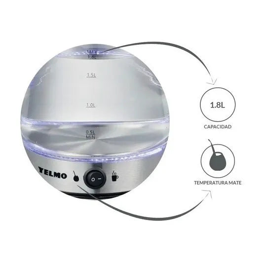 Yelmo PE-3907 Electric Kettle 1.8 Lts - Auto Shut - Off, Stainless Steel, Cool-Touch Handle, Blue LED  - Pava Eléctrica 2200 W