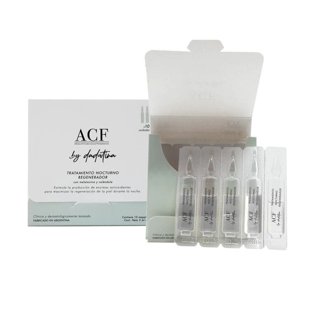 ACF by Dadatina Ampoules with Melatonin and Calendula, Regenerating Night Treatment, Stimulates the Production of Antioxidant Enzymes, 10 Ampoules of 3 ml / 0.10 oz each
