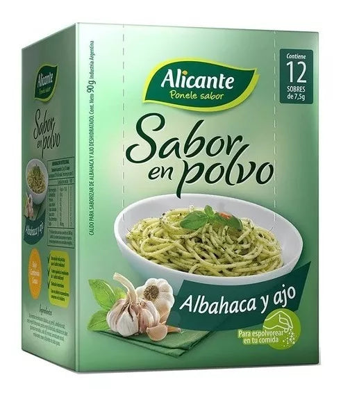 Saborizante Sazonador Alicante Sabor En Polvo Albahaca y Ajo Basil & Garlic Flavored Powder Ready To Use Seasoning Broth, 7.5 g / 0.26 oz ea (box of 12 pouches)