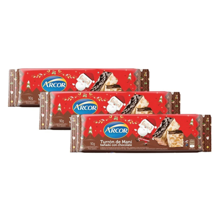 Arcor Turrón de Maní Classic Peanut Christmas Nougat with Milk Chocolate, 90 g / 3.17 oz (pack of 3 bars)