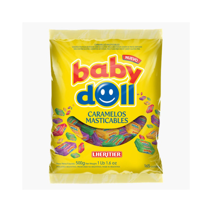 Baby Doll Caramelos Masticables Assorted Flavors Soft Candies Grape, Apple, Orange & Cherry - Gluten Free, 500 g / 21.16 oz