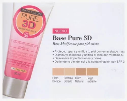 Maybelline Maquillaje Base Matificante Mattifying Foundation Makeup FPS 30 Pure Makeup 3D, 30 ml / 1.1 fl oz
