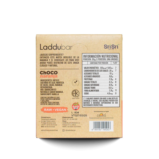 Laddubar Choco Naranja Date Bar – Orange & Chocolate Vegan Snack – 30g x 12 Units