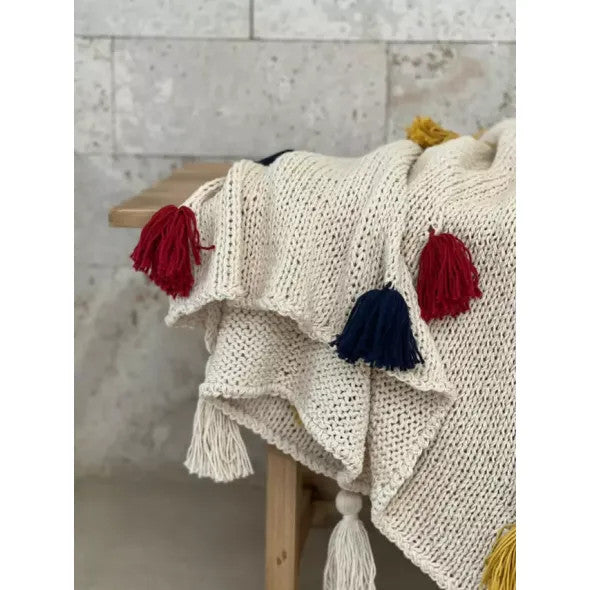 Cotton Yarn Blanket Slipcover with Pompoms Manta Puelo con Pompones