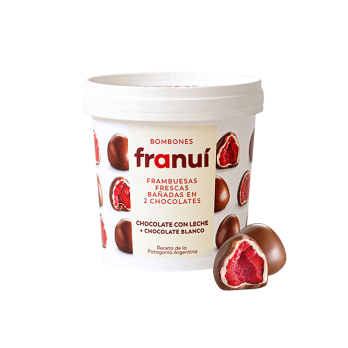 Franuí Bombon Milk & White Chocolate Coated Raspberries Frozen Dessert Premium Chocolate Helado Gluten Free, 150 g / 5.29 oz