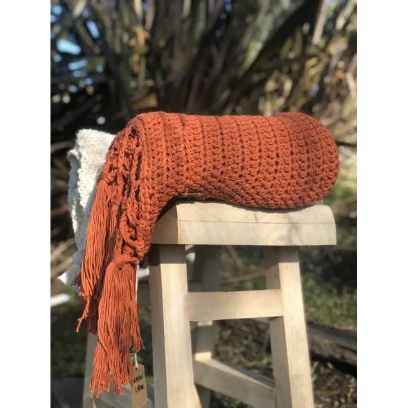 Giant Knit Blanket Crocheted in Cotton Yarn Manta Arrayán Hilo Terracota Color