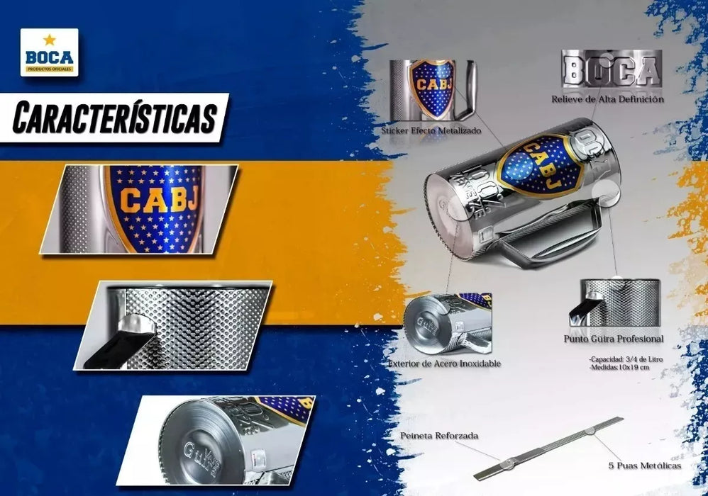 Vaso Güira Stainless Steel Guiro Shaker Thermal Tumbler Boca Juniors Official Design with Scraper, 750 ml / 25.4 fl oz cap