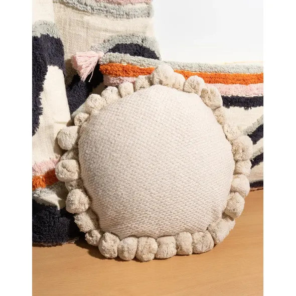Isadora Round Decorative Embroidered Cushion with Pompoms on the End, Ideal for Living Room, 45 cm / 17.71"