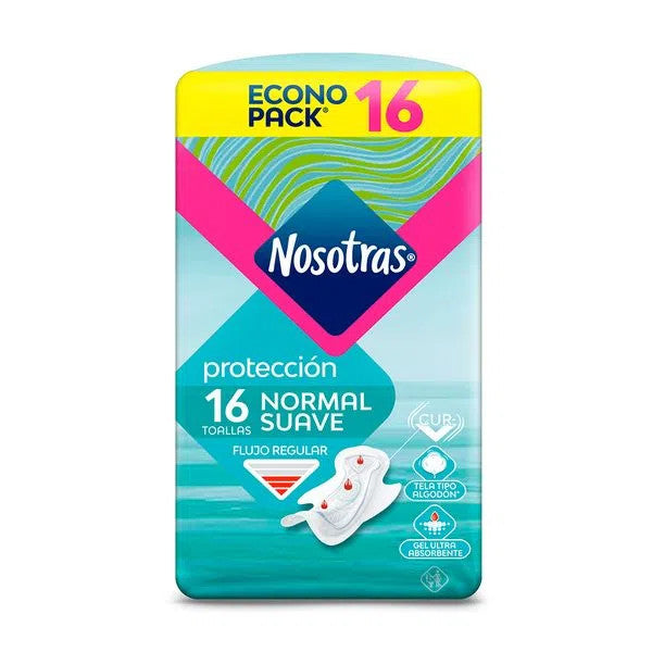 Almofada Feminina Nosotras Regular Flow Tecido macio de proteção normal Econo Pack (pacote com 16) 