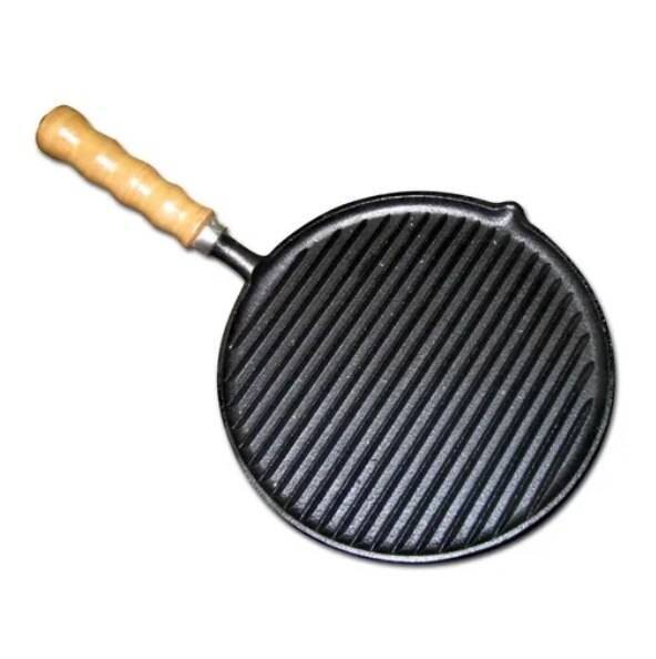 Plancha Bifera Rayada Enlozada Asadera Redonda Para Hornalla Iron Round Grill Roasting Griddle with Wooden Handle