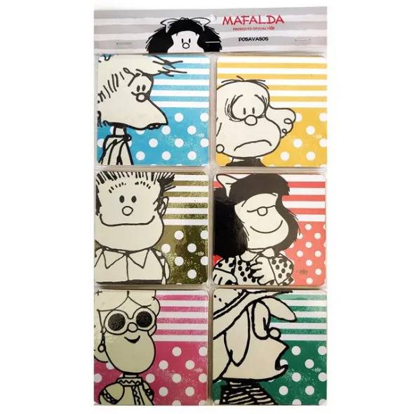 Square Coasters with Characters from Mafalda in Color, Argentine Caricature of Quino, 9.5 cm / 3.7" (6 count)