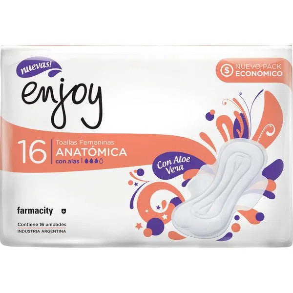 Enjoy Anatomical Feminine Pads with Wings with Aloe Vera Pack Económico (16 count)