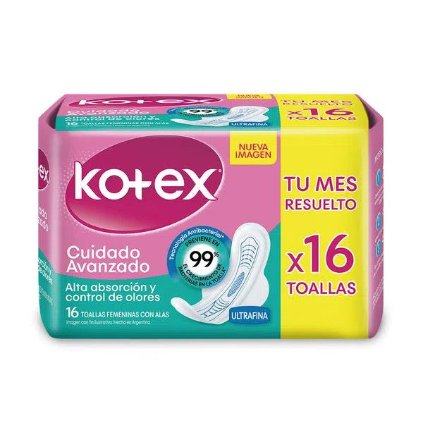 Kotex Advanced Care High Absorption & Odor Control Feminine Pads with Wings Ultrafinas (pack of 16)