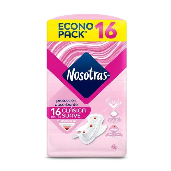 Nosotras Classic Soft Feminine Pads with Absorbent Protection and Wings Clásica Suave Econo Pack (pack of 16)