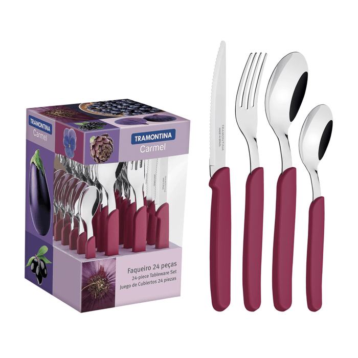 Tramontana Carmel Cutlery Set with Stainless Steel Blades and Plum Polypropylene Handles Juego de Cubiertos Color Ciruela - 24 Pieces
