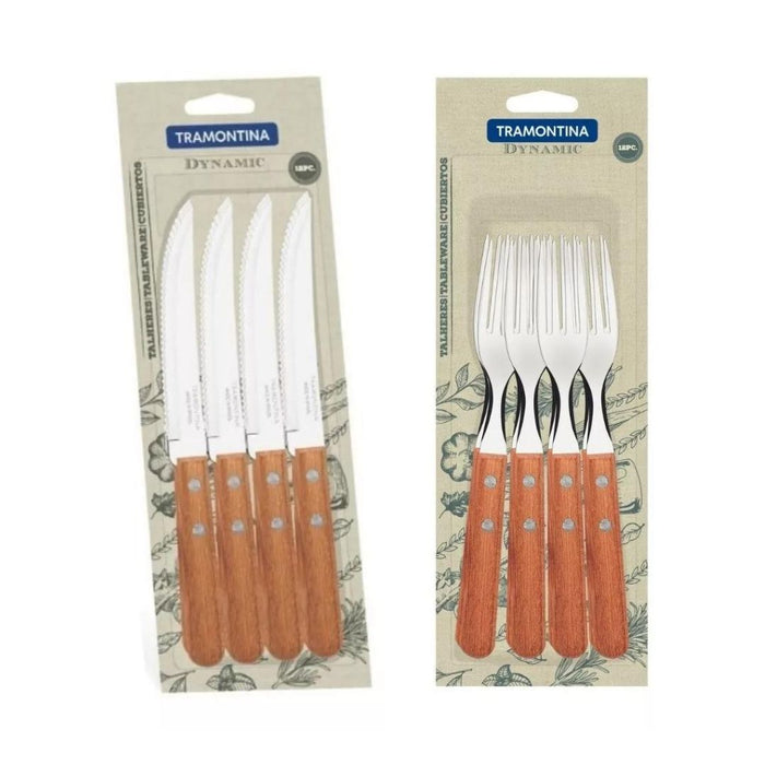 Tramontina Cubiertos Cuchillo Tenedor Set of 24 Dynamic Line Cutlery with Wooden Handles, Knives and Forks (24 pcs)