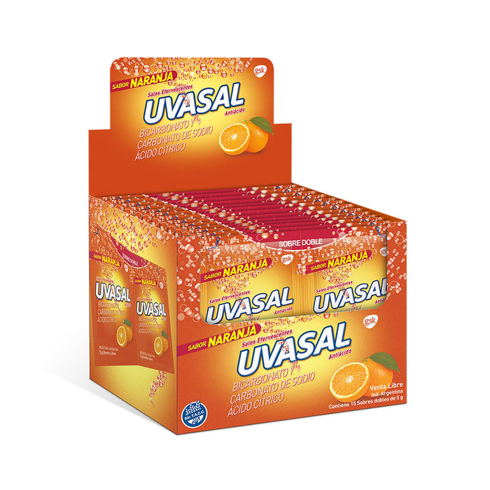 Uvasal Naranja Sales Efervescentes Effervescent Powder with Bicarbonate, Sodium Carbonate & Citric Acid for Acid Indigestion Orange Flavor - Gluten Free, 10 g / 0.35 oz pouch (box of 15 pouches)