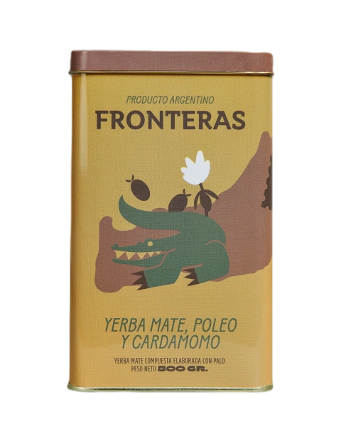 Fronteras Yerba Mate Can with Pennyroyal & Cardamom, Poleo & Cardamomo Can with Yacaré Design, 500 g / 1.1 lb