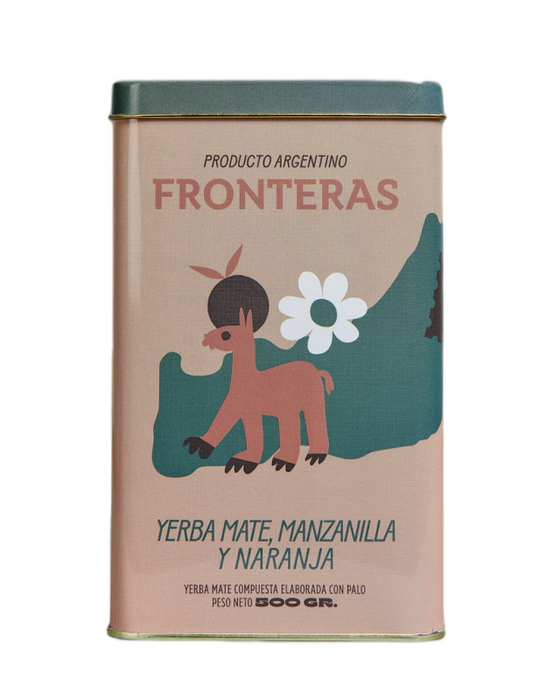 Fronteras Yerba Mate Can with Chamomile & Orange, Manzanilla & Naranja Can with Guanaco Design, 500 g / 1.1 lb