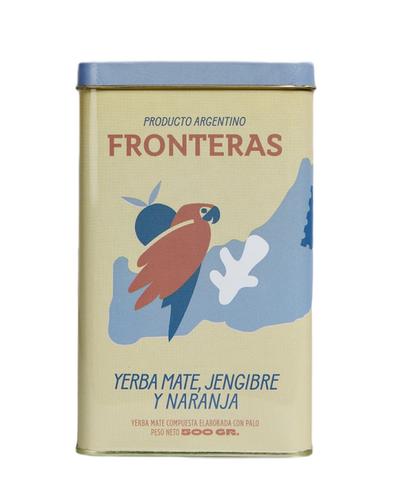 Fronteras Yerba Mate Can with Ginger & Orange, Jengibre & Naranja Can with Scarlet Macaw Design, 500 g / 1.1 lb