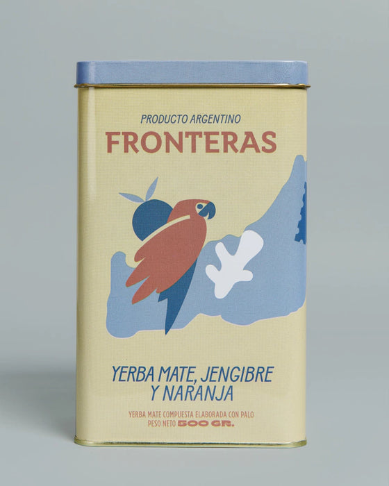 Fronteras Yerba Mate Can with Ginger & Orange, Jengibre & Naranja Can with Scarlet Macaw Design, 500 g / 1.1 lb
