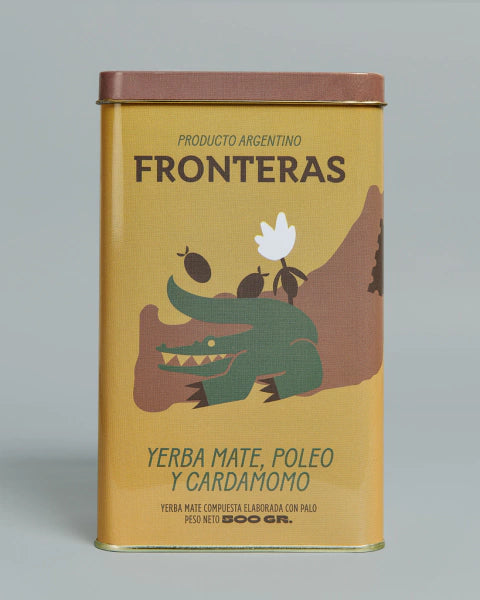 Fronteras Yerba Mate Can with Pennyroyal & Cardamom, Poleo & Cardamomo Can with Yacaré Design, 500 g / 1.1 lb